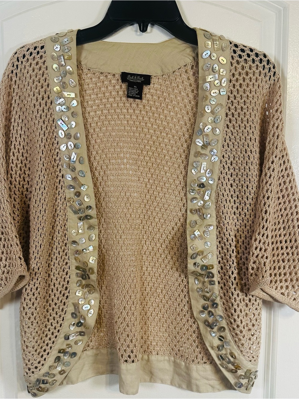 Peck & Peck Collection 100% Linen Crochet Knit Cardigan with Shell Embellishment